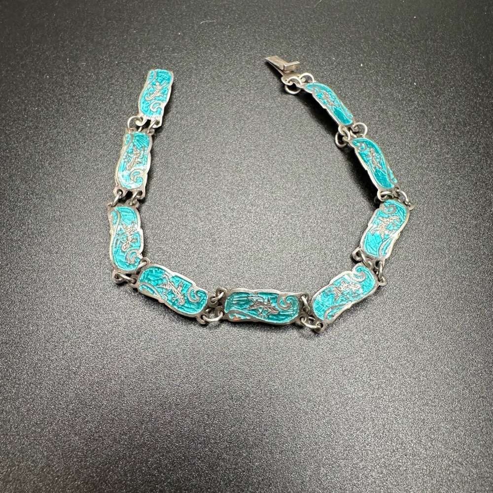 Vintage Siam Sterling Silver Turquoise Enamel Panel Bracelet